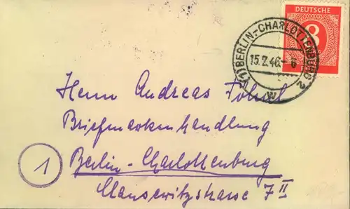 1946, seltene Frühverwendung der 8 Pfg. Ziffer auf Ortsbrief "(1) BERLIN-CHARLOTTENBURG 2 w 15.2.46"