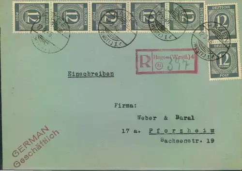 1946, 12 Pfg. Ziffer grau7-mal auf R-Brief ab "(2) HAGEN WESTF. 1" mit R-Stempel