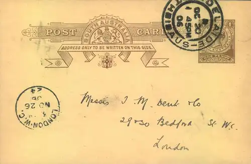 1906, 1 Penny stationery card from ADELAIDE to London.