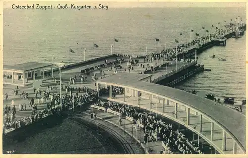 1935, Ak ZOPPOT - Groß-Kurgarten u. Steg, gelaufen