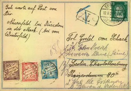 1929, postard addressed to Berlin, redirected to France with 50, 30 and 5 Cent to pay stamps.