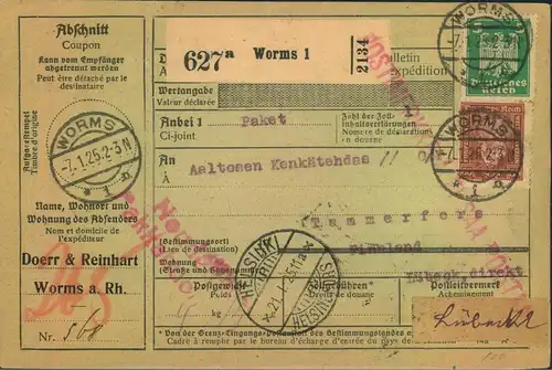 1925, Paketkarte von WORMS nach Finnland