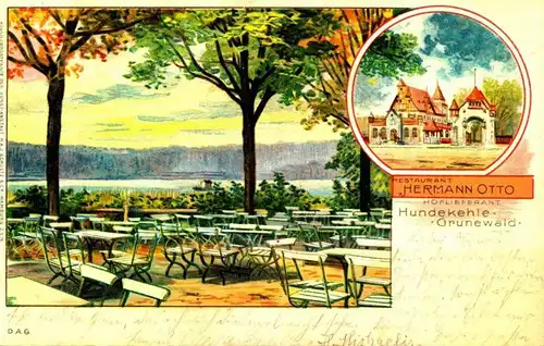 Restaurant HERMANN OTTO, Hoflieferrant, an der Hundekehle - Grunewald, Künstlerpostkarte, Litho,