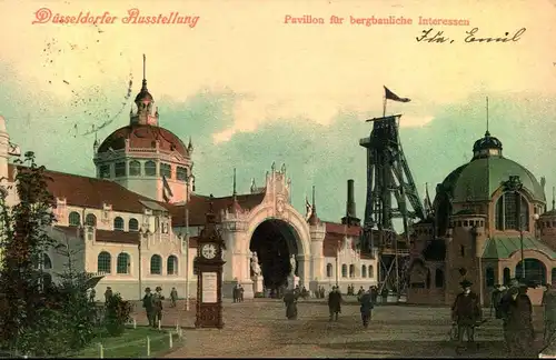 Düsseldorfer Ausstellung, Pavillon für bergbauliche Interessen, 1902, Litfaßsäule mit Uhr, Besucher