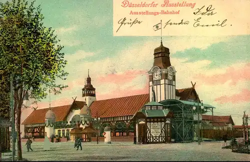 Düsseldorfer Ausstellung, Ausstellungs-Bahnhof, 1902, Litfaßsäule, Uhr