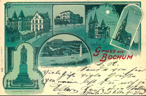 Gruss aus Bochum, 1900, Verl. August Dreesbach & Co, 246, Bismark-Denkmal, Bahnhof, Stadtpark, unten re. kleiner Bug