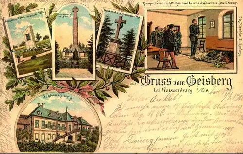 Gruss aus Geisberg bei Weissenburg i. Els., Kunstanstalt Rosenblatt, nr. 3138, Denkmal, Armee, Schloss, gel. 1901