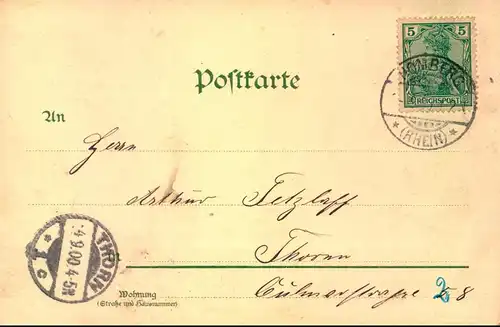 Gruss aus Homburg a. Rhein, gel. 1900, Kunstanstalt J. Miesler, Berlin, Schiffe, Dampfer, Kirche,