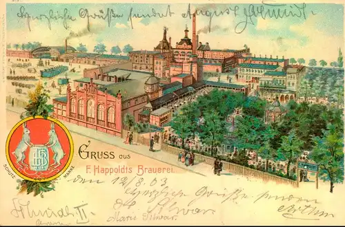Gruss aus F. Happoldt's Brauerei, Berlin Neukölln, von 1871-1918, Kunstanstalt J. Miesler, Berlin S., Bier, Schutzmarke,