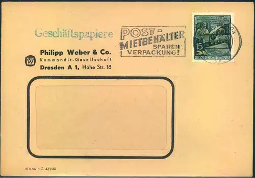 1955, 15 Pfg. Engels als seltenere Einzelfrankatur auf Geschäftspapiere ab DRESDEN A 24