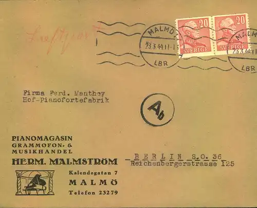 1941, adverstising envelope for Pianos from Malmö to "Manthey Hof-Pianofortfabrik", Berlin