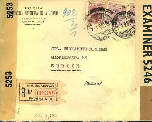 1943, registered letter from MONTEVIEDEO with double censor to Zurich.