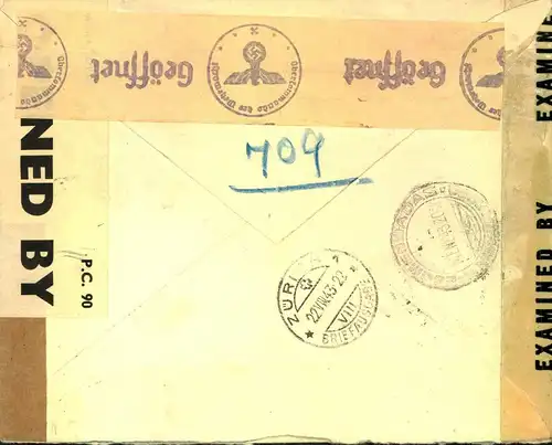 1943, registered letter from MONTEVIEDEO with double censor to Zurich.