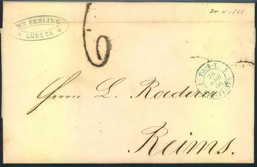 1866, markenloser Brief von LÜBECK nach Reims m. franz. Grenzübergangsstempel "TOURS T. ERQUELINS"