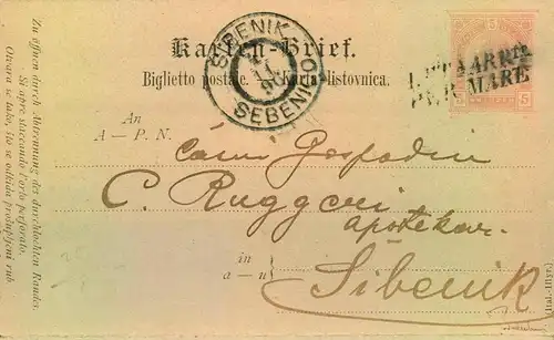 1896, "LETA  ARRTA. /  PER MARE", Adria-Schiffspost L2 auf Kartenbrief nach Sibenik.