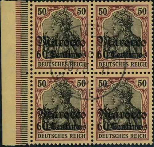 1911, 60 Centimes auf 50 Pfg. Germania im Viererblock mit seltenem Stempel TANGER MAROCCO.