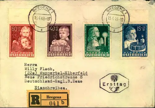 1949, "Glückliche Kindheit" komplett auf Bedarfs - R - FDC ab "BREGENZ 13.4.49"