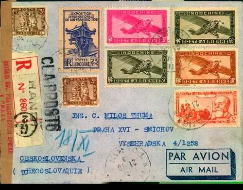1948: registered letter via airmail from HANOI to Praha-Smichov franked on front and back.