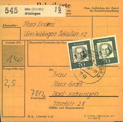 1963, Paketkarte ab ULM (DONAU) WIBLINGEN mit waagerechtem Paat 70 Pfg. Berühmte Deutsche