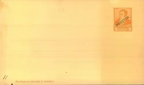 1892, stationery card 3 Centavos orange imprinted "MUESTRA"
