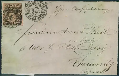 1857, Faltbrief m. 1 Ngr Johann (Rand) mit Nr-Stempel "4" und "LEIPTIG BAHNH. POST EXPED