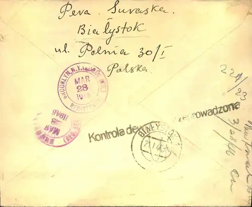 1946, R-Brief aus BALYSTOK nach USA mit polnischer Zensur.