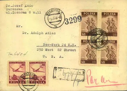 1946, R-Brief aus WARSTAWA nach USA mit polnischer Zensur.