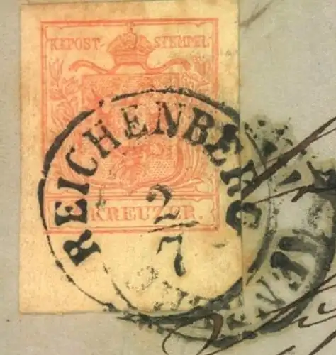 1857, Faltbrief ab REICHENBERG mit 3 Kreuzer riesenrandig, unten 8 mm! nach Zittau