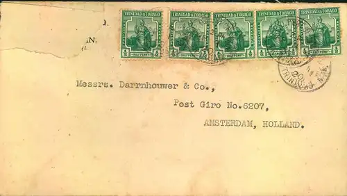 1920, letter with multiple franking from PORTO OF SPAIN to Holland.