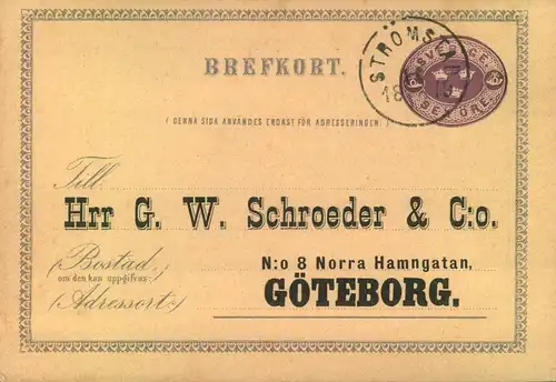 1879, preprinted 6 Öre stationery card  vf used fromSTROMSAND