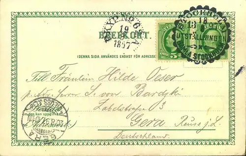 1897,  picture card with special mark "STOCKHOLM UTSTÄLLING" and Train postmark to Gera.