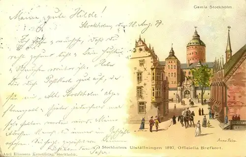 1897,  picture card with special mark "STOCKHOLM UTSTÄLLING" and Train postmark to Gera.