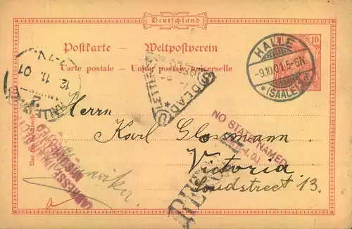 1901, 10 Pfg. Ganzsaschenkarte adressiert nach Victorai. Da kein Staat angegeben mit diversen Stempeln wieder zurück.