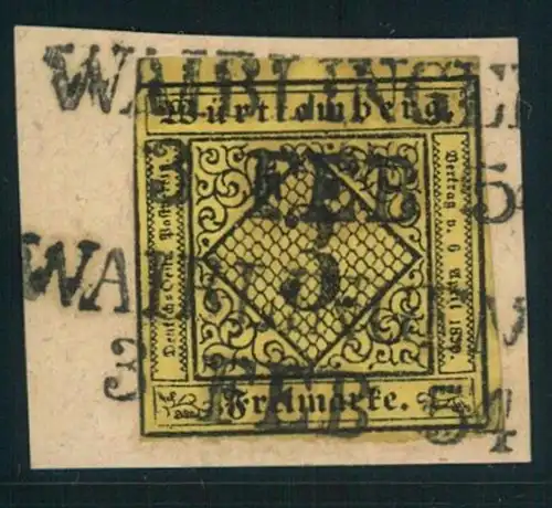 1854, 3 Kreuzer voll- bis breitrandig auf Briefstück mit seltenen Vorphila L2 "WAIBLINGEN 3. FEB. 54"