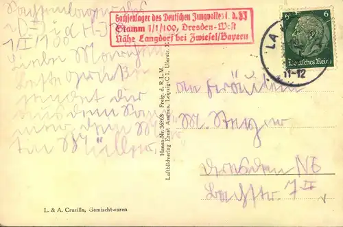 1937, AK mit Nebenstempel "Sachsenlager des Deutschen Jungvolks d. HJ"