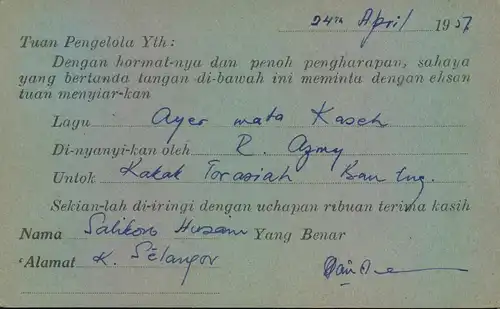 1957, card to RADIO MALAYA from TANJONG KARANG