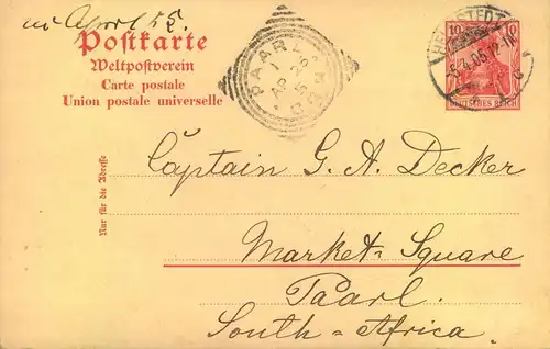 1905, 10 Pfg. Germania GSK von HEMSTEDT nach Paarl, Südafrika.