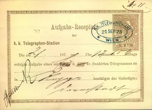 1875, Aufgabs-Recepisse für ein Telegramm mit Ovalstempel "K.K. TELEGRAPHENSTATION WIEN"