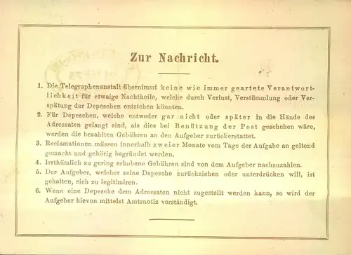 1875, Aufgabs-Recepisse für ein Telegramm mit Ovalstempel "K.K. TELEGRAPHENSTATION WIEN"