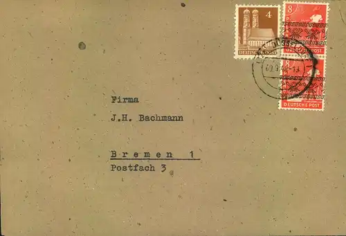 1948, Fermnbrief mit 4 Pfg. Bauten und 8 Pfg. Bandaufdruck im Paar ab "(22a) DÜSSELDORF 9.9.48