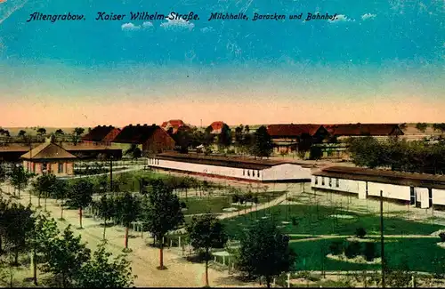 1918, Feldpost, Altengrabow: Kaiser-Wilhelm-Straße, Milchhalle, Baracken, Bahnhof, Verlag A. Heinemann, Gebrauchsspuren