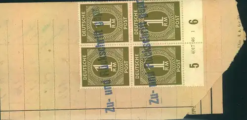1946, 1 Mark Ziffer im Viererblock mit HAN 4017 46 1 mit eigenwilligem Stempel