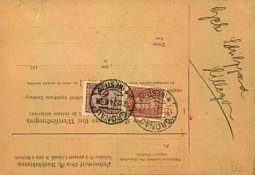 1924, Selbstbucher-Paketkarte ab GRONAU (Westf.) mit Aufkleber "In Deutschland zollpflichtig"