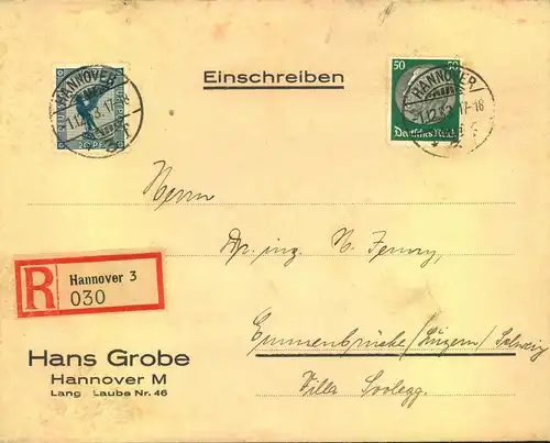 1933, Einschreiben mit 50 Pfg. Hindenburg (WZ 2) und 20 Pfg. Flugpost ab HANNOVER 3