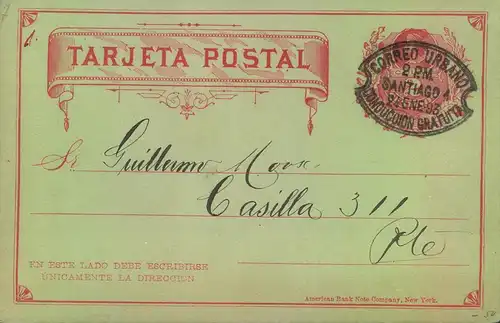 1893, city mail ("Correos Urbano SANTIAGO"), scarce cancellation on 2 C. stationery card.