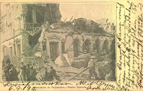 1906, picture card showing "Teatro Victoria" after the eathquake in VALPARAISO - sent to Berlin