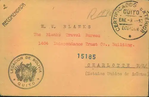 1930, stampless registered cover, sender "Legacion de Bolivia" via New York to Charlotte