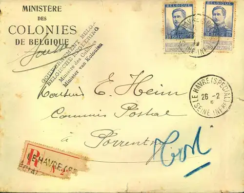 1915,MINISTERE DE COLONIES" registered letter "LE HAVRE SPECIAL" to Porrentruy, Switzerland