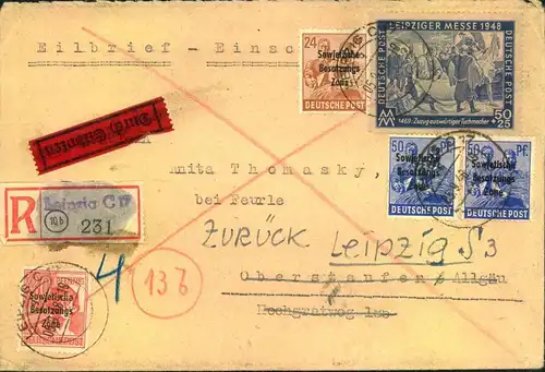 1948, Einschreiben/Eilboten 2. Gewicht ab LEIPZIG. 4 Pfg. Fehlporto (Soll 208 - Ist 204)