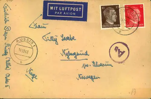 1943, Luftpost ab AUSSIG nach Norwegen. Seltene 22 Pfg. Frankatur